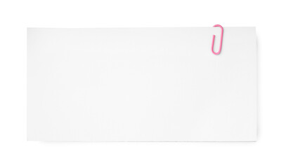 Blank paper sheet attached with clip isolated on white, top view