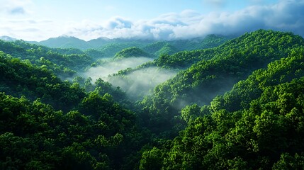 Fototapeta premium Lush Green Mountains Shrouded in Misty Morning Fog at Sunrise