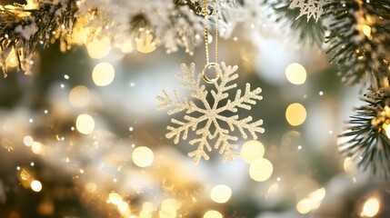 Glittering Snowflake Ornament Hangs On Snowy Christmas Tree
