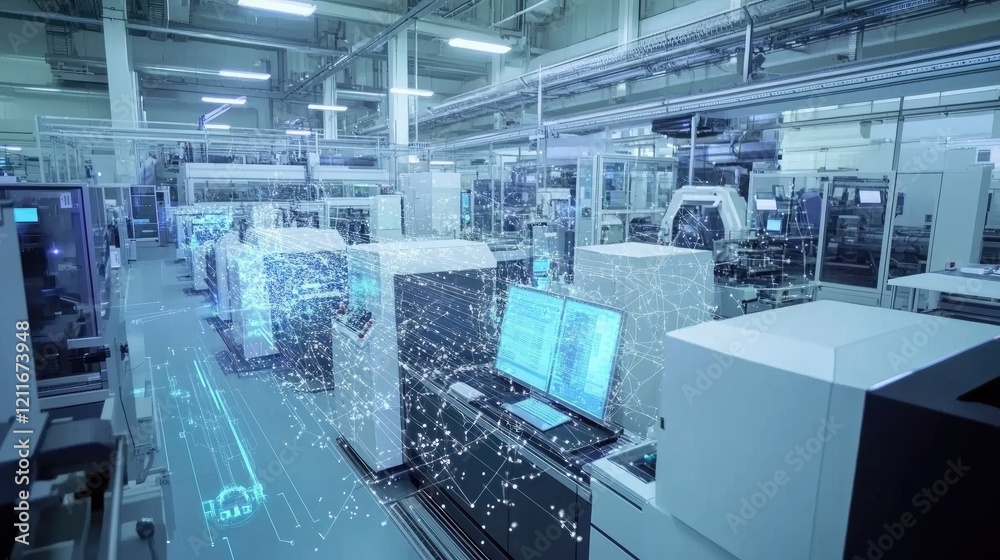 Poster a smart factory with connected machinery and equipment in full operation, demonstrating the efficien