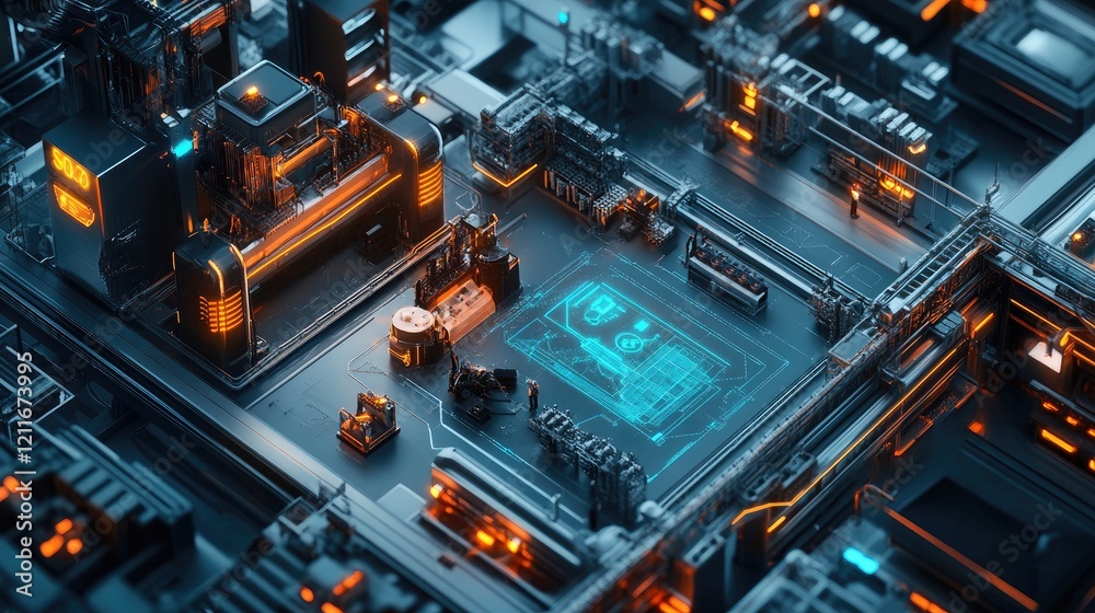 Aufkleber A smart factory with connected machinery and equipment in full operation, demonstrating the efficiency of IoT applications, with room for business messaging.