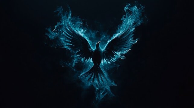 Fiery bird ascending, dark background, spiritual concept, graphic design