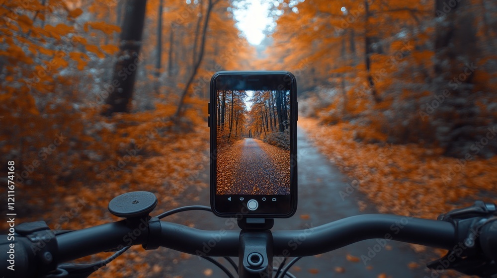Poster a smartphone mounted on a bicycle handlebars, displaying a photograph of an autumn forest path, capt