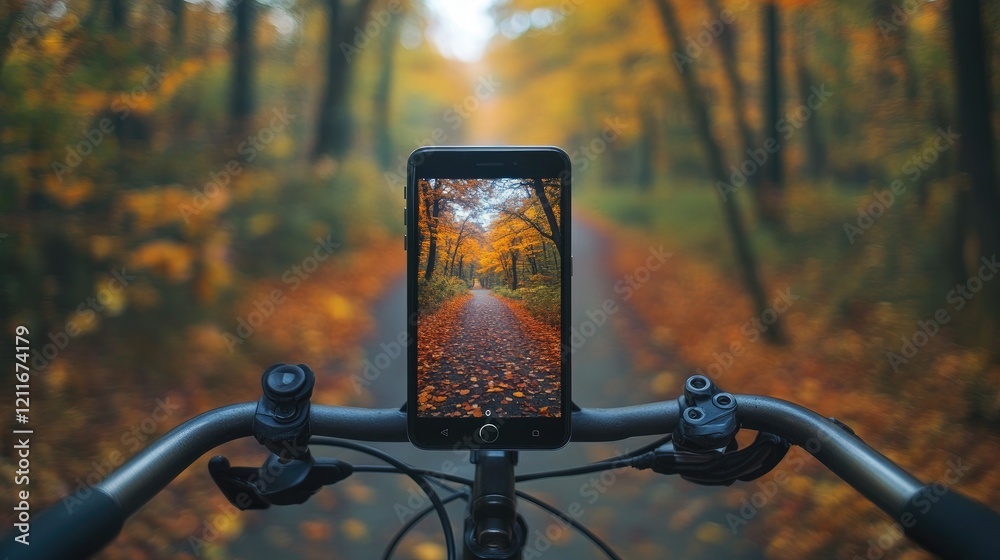 Poster a smartphone mounted on a bicycle handlebars, displaying a photograph of an autumn forest path, capt