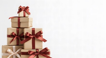 Beautifully stacked gift boxes tied with ribbons on a clean white background with ample space on the right for creative text or designs.