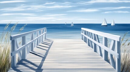 Beach boardwalk, ocean view, sailboats, summer, calm
