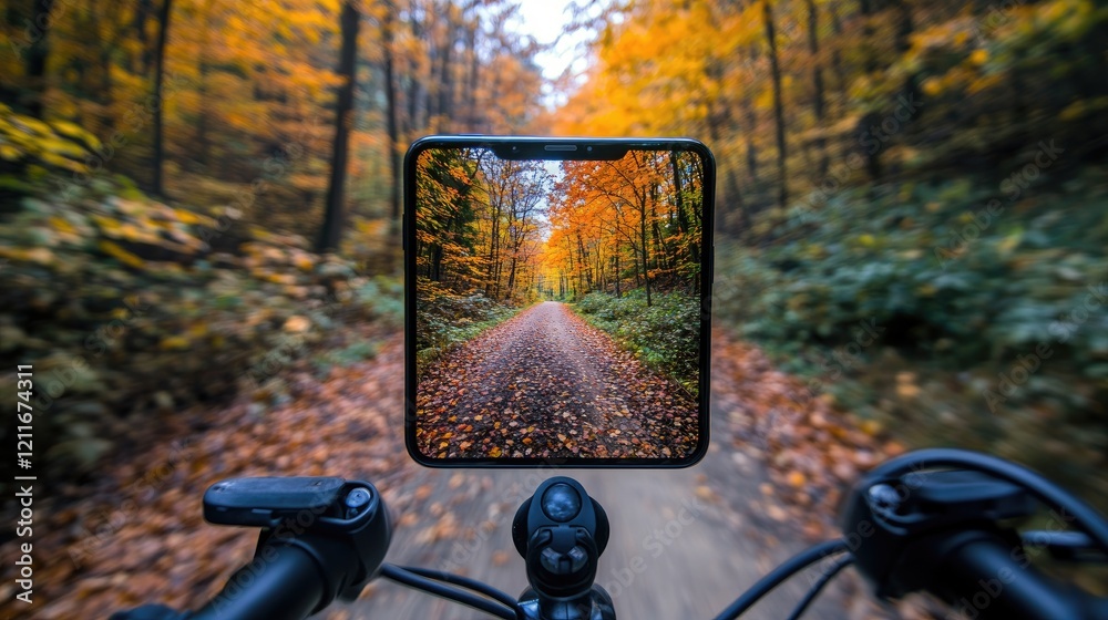 Aufkleber a smartphone mounted on bicycle handlebars, displaying a vibrant photo of a forest path with autumn 