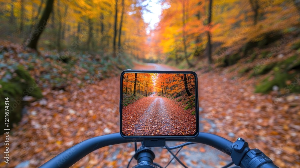 Poster A smartphone mounted on bicycle handlebars, displaying a vibrant photo of a forest path with autumn leaves, perfect for adventure cycling.