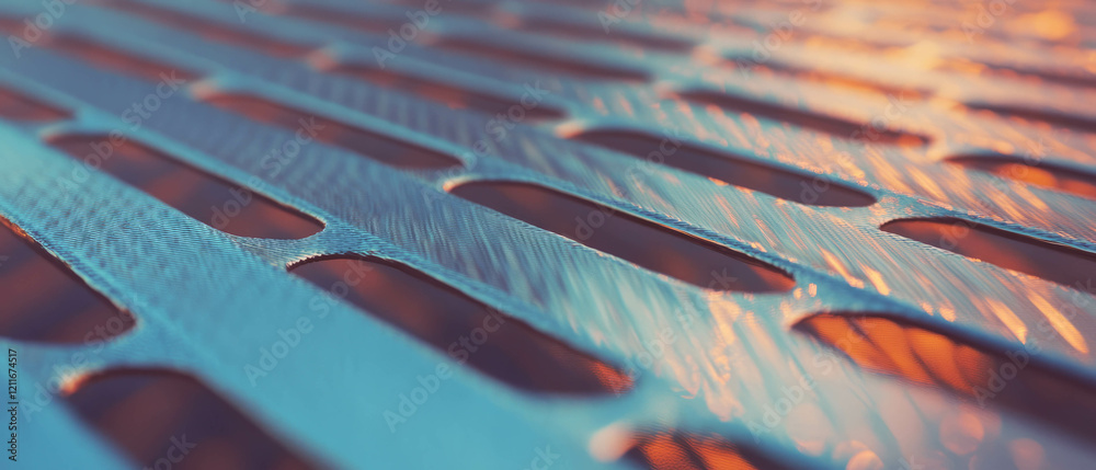 Poster exploring the intricate woven pattern and metallic sheen of aluminum mesh texture