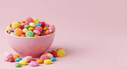 Bowl of colorful candies and jelly beans on a pastel background with space for text or branding in sweet treats and candy photography
