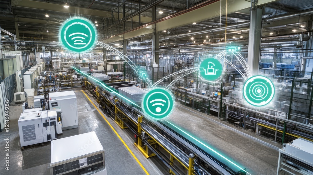 Poster A stock photo showing a factory with seamless IoT connectivity, with connected equipment and machinery visible, and space for copy about smart business operations.