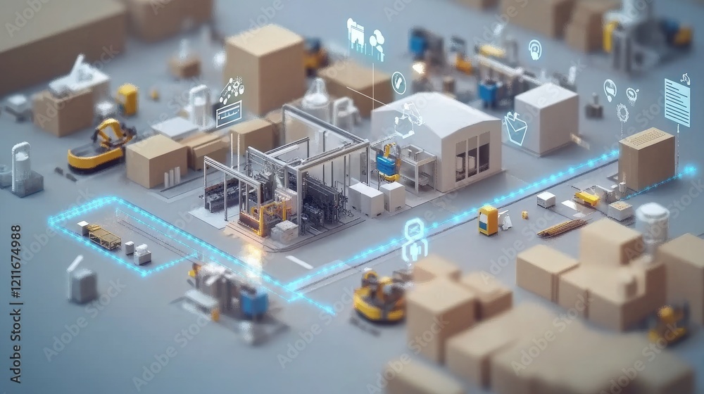 Poster a stock photo showing a factory with seamless iot connectivity, with connected equipment and machine