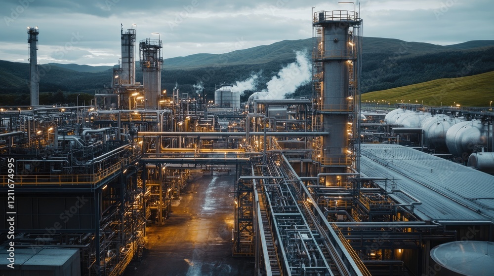Poster A stock photo showing a factory with seamless IoT connectivity, with connected equipment and machinery visible, and space for copy about smart business operations.