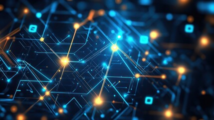 Obraz premium Global network data flow, digital nodes, glowing connections, dark background, technology concept