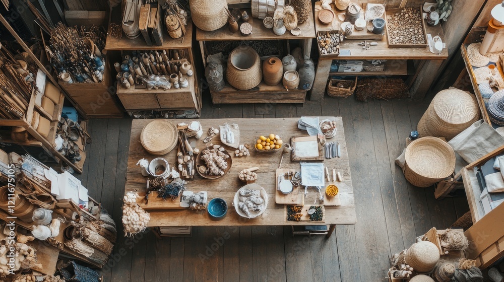 Poster a stock photo showing artisan shops creatively repurposing discarded materials in the context of a c