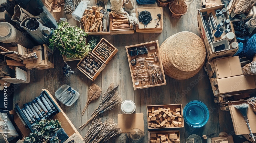 Poster a stock photo showing artisan shops creatively repurposing discarded materials in the context of a c
