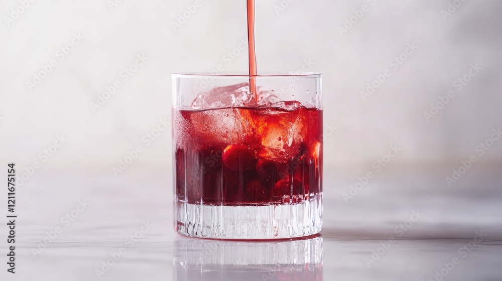 Poster a stream of cranberry syrup in rich red hues pours into a clear glass, adding a burst of color again