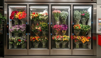 A fresh flower vending machine filled with colorful, elegant bouquets, providing a convenient and innovative way to purchase beautiful flowers anytime