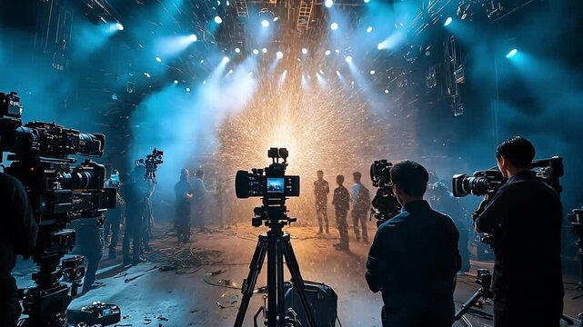 Behind the Scenes:  A captivating glimpse into the world of live event filming. Multiple camera crews capture the energy of a performance bathed in dramatic blue and gold stage lighting.