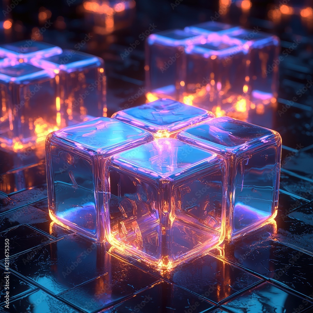 Poster neon translucent glow, neat arrangement of technological cubes.