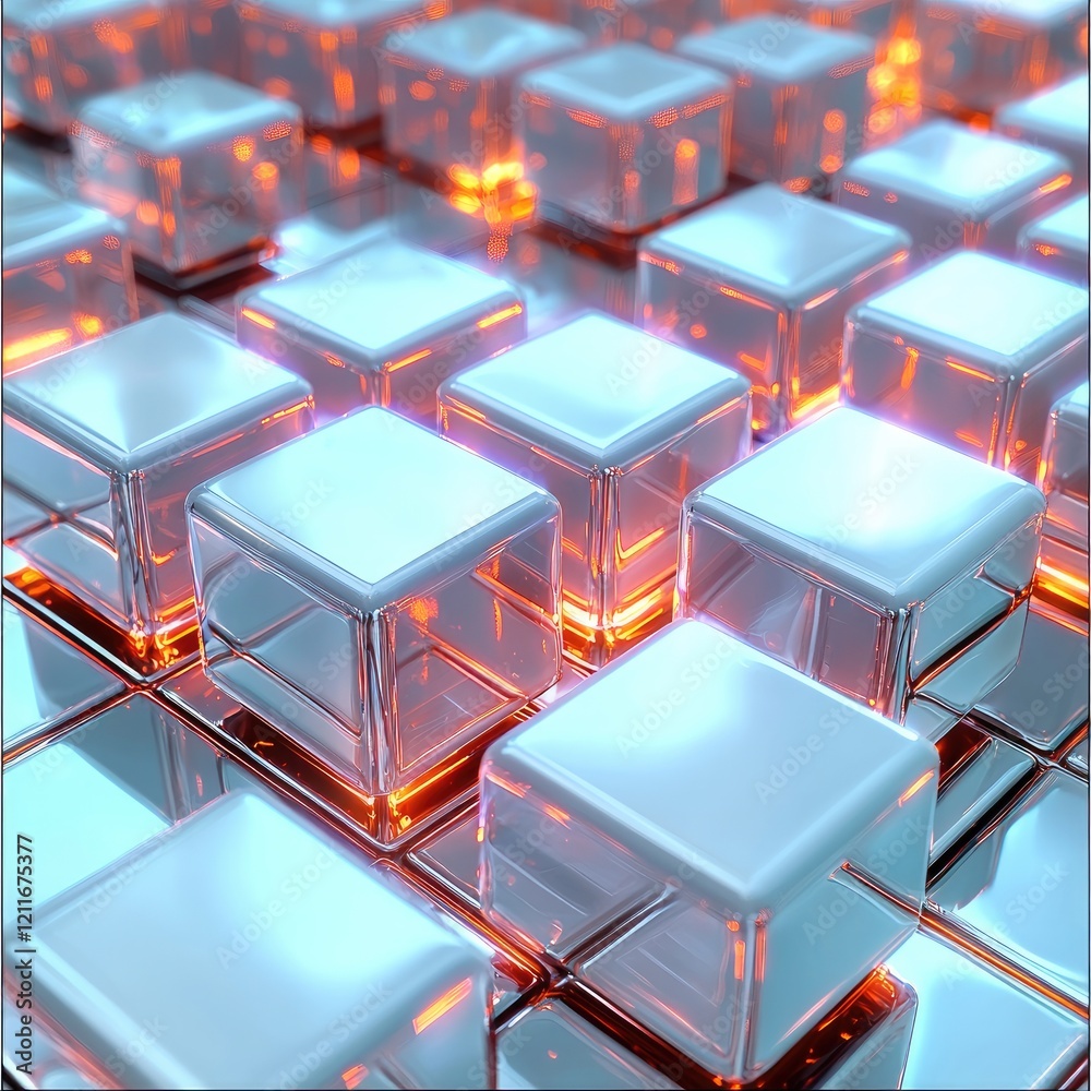 Poster neon translucent glow, neat arrangement of technological cubes.