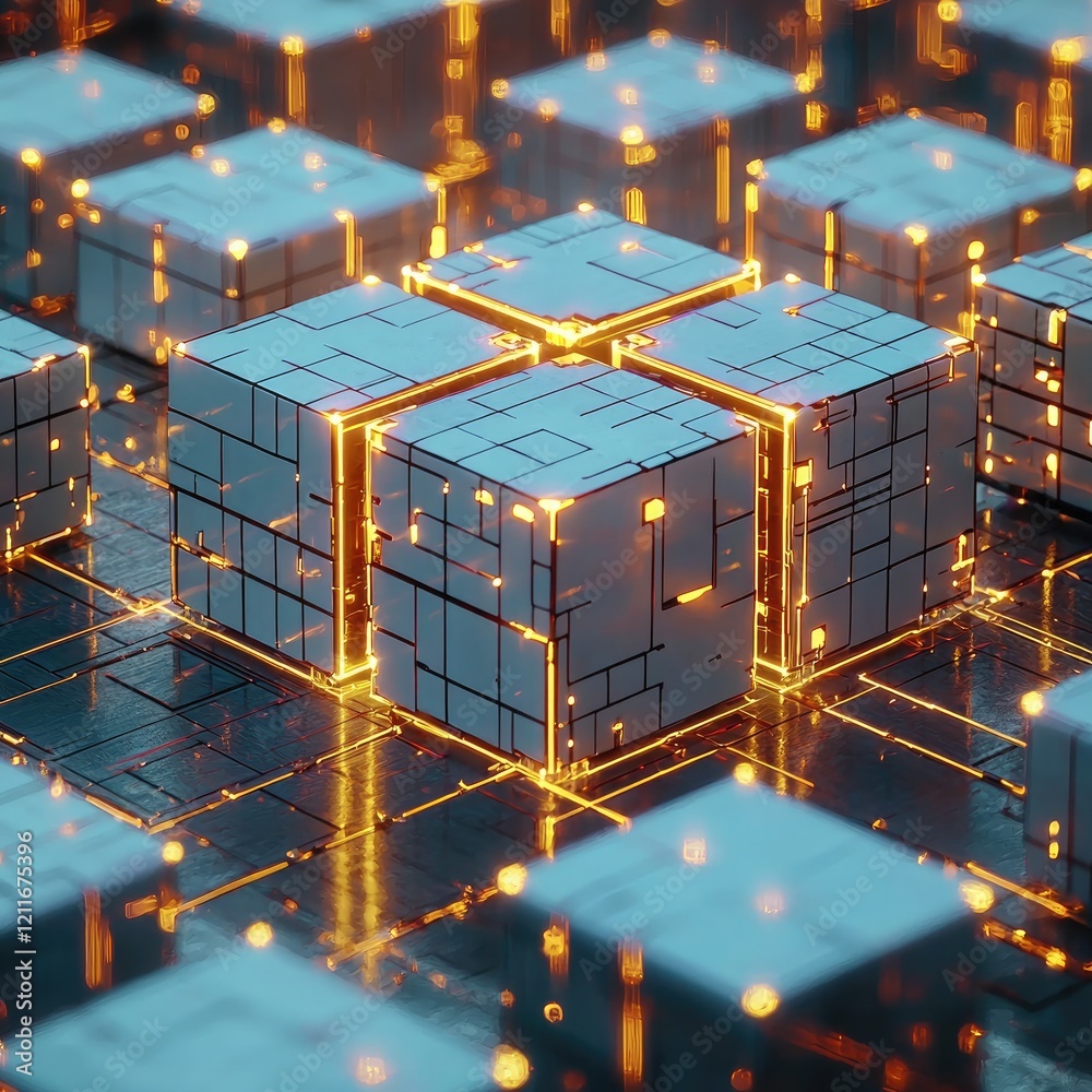 Poster neon translucent glow, neat arrangement of technological cubes.