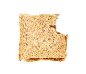 Bitten dried pate sandwich isolated, low-quality food leftovers, bad quality toast bread lunch
