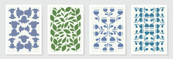 Fototapeta premium Botanical doodle background art vector set. Flower and leaves abstract shape doodle art design for print, wallpaper, clipart, wall art for home decoration.