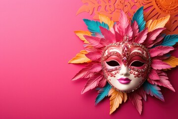 Festive venetian mask with colorful feathers, celebrating carnival against a vibrant pink backdrop