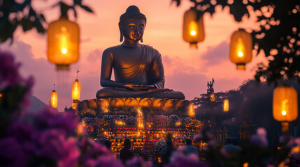 Waisak Day of Gautama Buddha, a large Buddha statue lit by golden lanterns, incense billowing with a fragrant aroma, devotees sitting in meditation at an altar full of flowers, Ai generated images