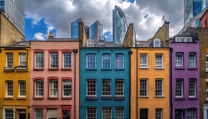 Fototapeta premium A panoramic view of the city skyline with an array of colorful terraced houses below