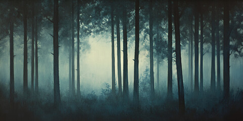 Dark Forest with Tall Trees and Misty Fog