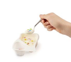 Yogurt cup isolated, yoghurt in plastic pot, milk pudding container, dairy food small package