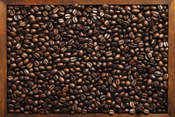 Fototapeta premium A close-up view of a wooden tray filled with rich, dark coffee beans, showcasing their texture and color