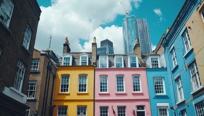 Fototapeta premium A panoramic view of the city skyline with an array of colorful terraced houses below