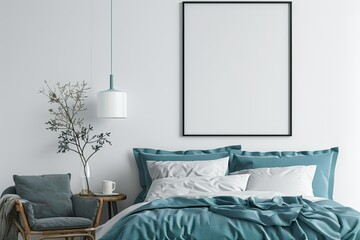 Vibrant Color Visual of Bedroom Interior with Blank Frame Mockup and Blue Bed and Arm Chair
