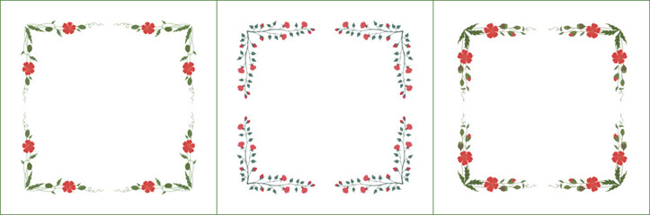 Set of three elegant green vegetal ornamental frame with poppies and rose flowers, decorative border. Isolated vector illustration