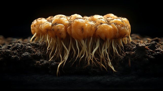 Germinating seeds with roots in soil.