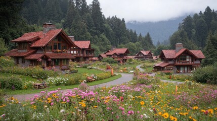 Fototapeta premium Mountain resort homes, blooming flowers, winding road, lush forest background; idyllic vacation getaway