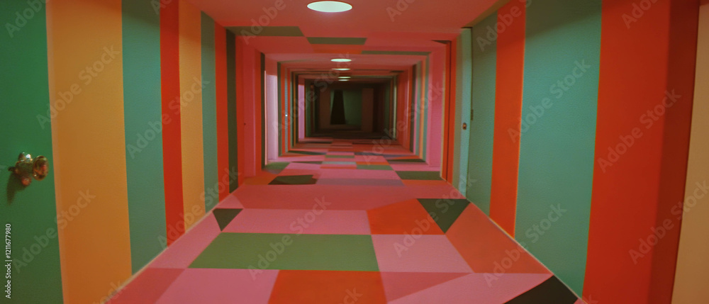 Poster ames room illusion showcasing distorted perspectives and vibrant textures in a unique corridor