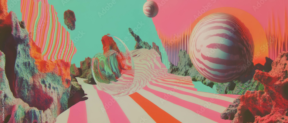 Poster surreal landscape featuring unique textures, distorted perspectives, and vibrant colors throughout