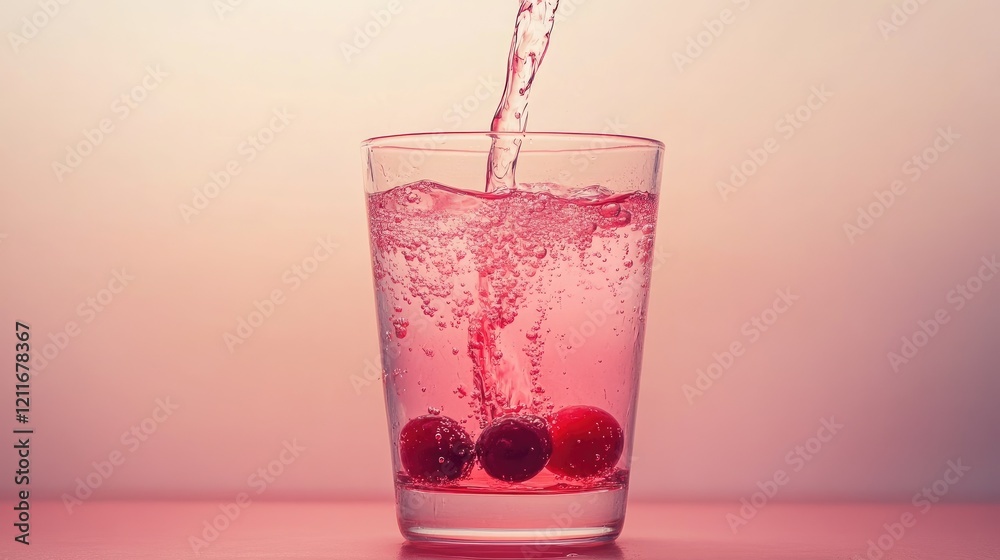 Poster a vibrant cranberry syrup is poured into clear water, creating an ombre gradient that blends seamles