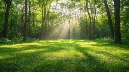 Obraz premium Sunbeams Illuminating a Lush Green Forest