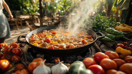 Outdoor Paella Cooking Scene: A wide-angle shot of a chef cooking paella over an open flame outdoors, with steam rising from the pan, surrounded by fresh ingredients like tomatoes, peppers, and garli