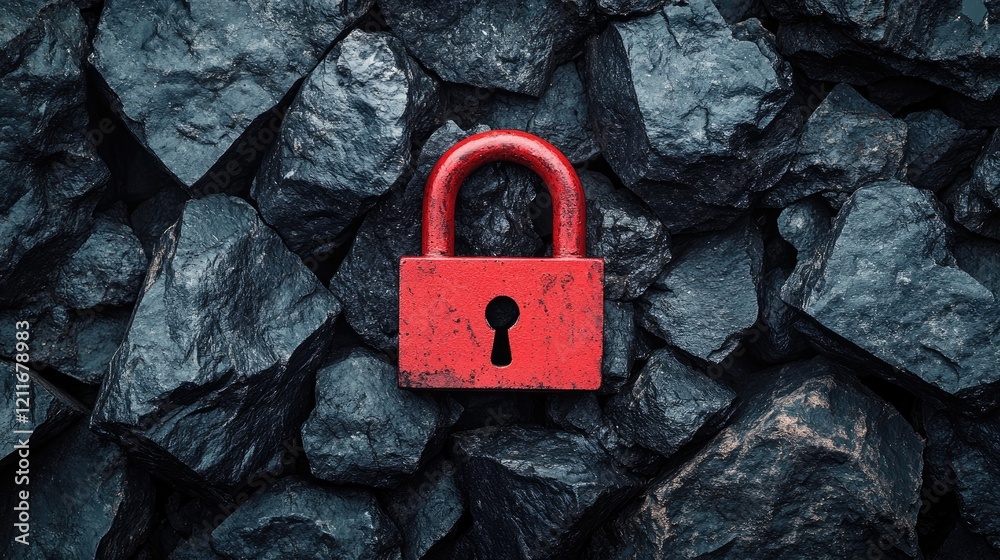 Poster a vibrant red padlock sits amidst jagged black stones, symbolizing security and protection, creating