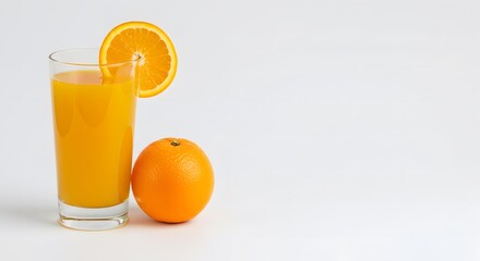 Naklejka premium Glass of orange juice with an orange slice on a white background and text space.