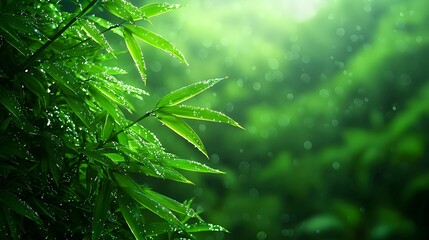 Obraz premium Lush Green Bamboo Leaves with Dewdrops Under Soft Morning Light