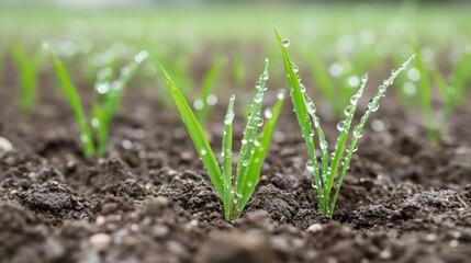 Dew-kissed seedlings sprout in fertile field