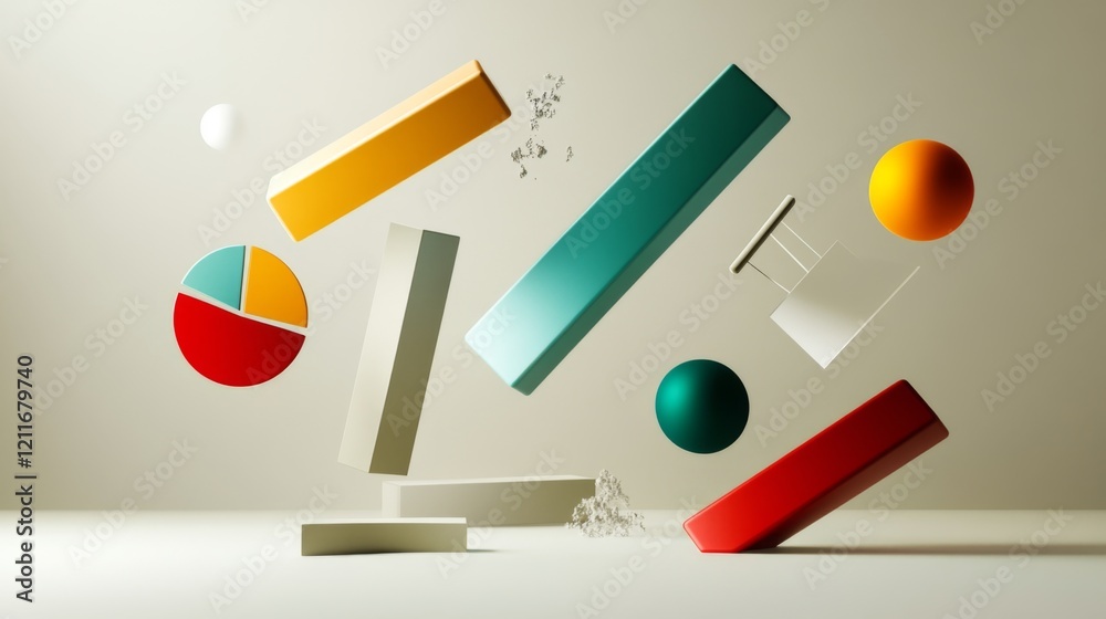 Fototapete D bars and pie chart graphics in vivid colors, floating in space against a neutral backdrop for a visually impactful design