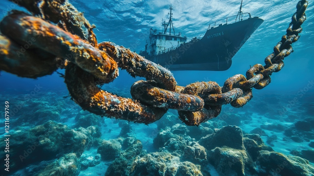 Poster a weathered ship's chain with rusty shackles, with a cargo vessel in the ocean behind, symbolizing t